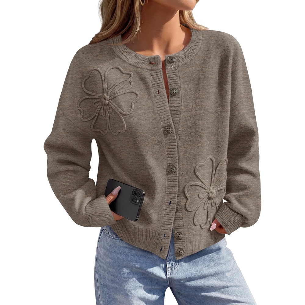 image:imageMEROKEETY Womens Fall Floral Button Up Lightweight Cardigan Sweater Trendy Long Sleeve 3D Flowers Ribbed Knit Details Soft Fabric Loose Fit Outfits Warm Cozy Sweaters 2026 Winter ClothesMocha