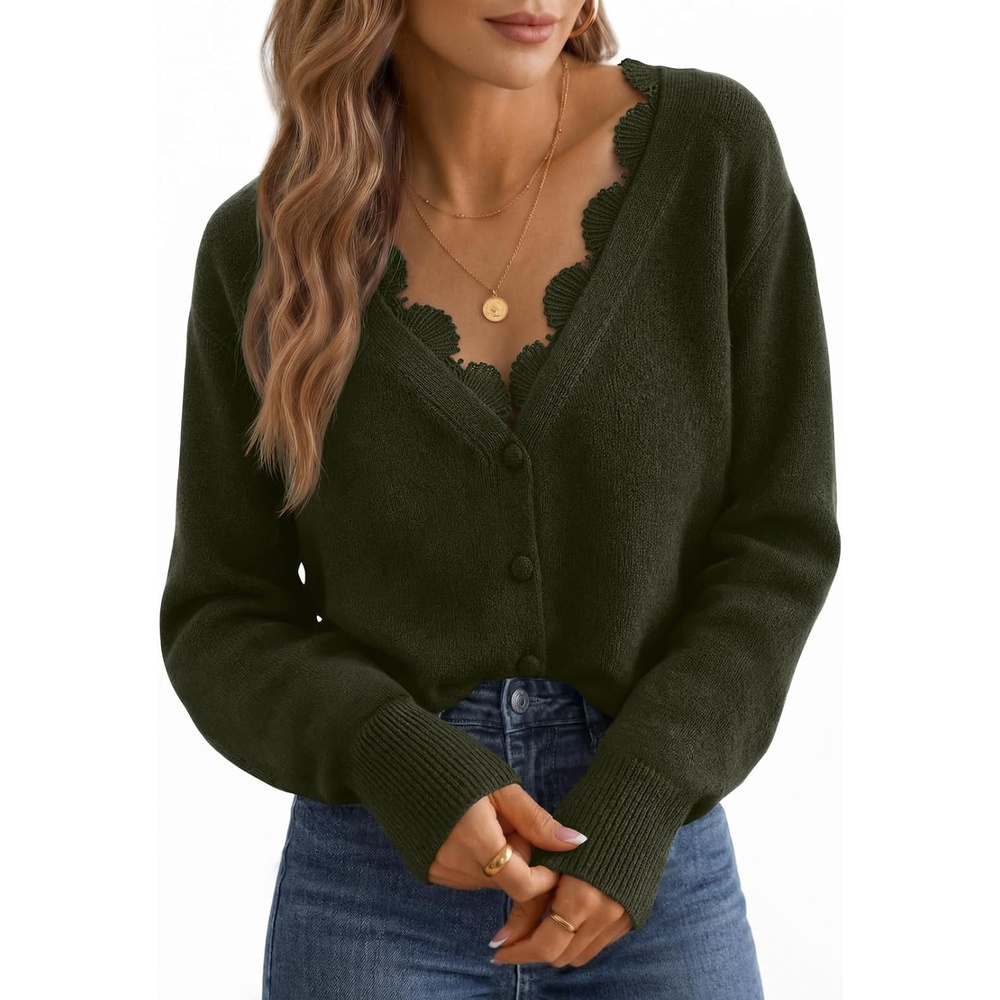 image:imageMEROKEETY Womens Fall Lace V Neck Button Up Cardigan Sweaters Trendy Work Long Sleeve Scalloped Trim Cozy Lightweight Soft Knit Sweater Top Fashion Old Money Clothes Dressy Casual Layering TopArmy