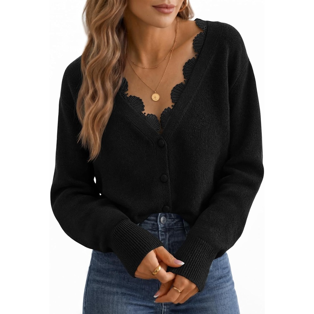 image:imageMEROKEETY Womens Fall Lace V Neck Button Up Cardigan Sweaters Trendy Work  Long Sleeve Scalloped Trim Cozy Lightweight Soft Knit Sweater Top Fashion Old Money Clothes Dressy Casual Layering TopBlack