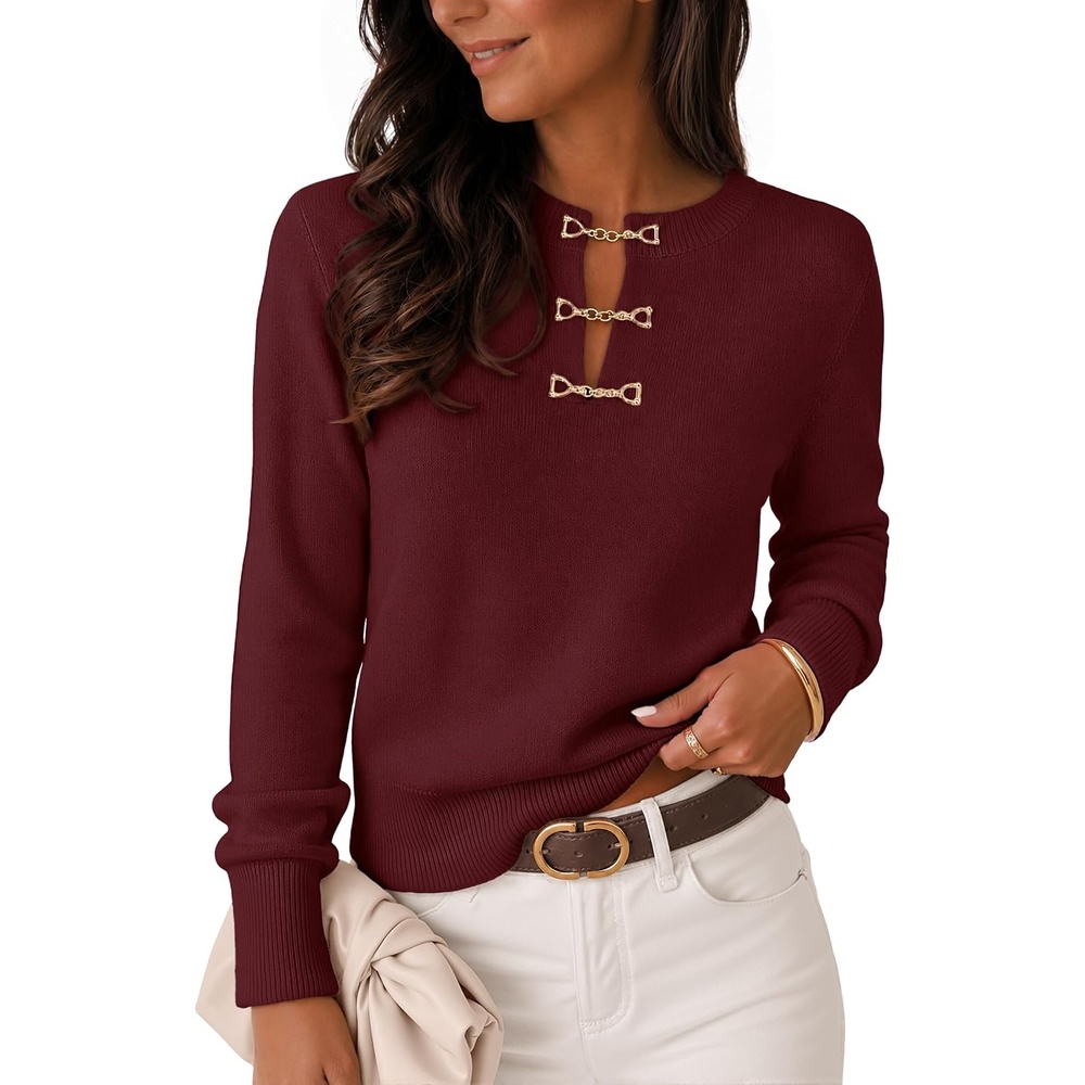 image:imageMEROKEETY Womens Fall Lightweight Sweater Business Casual Tops Ladies Work Sweaters Notched Neck Long Sleeve Horse bit Accents Vintage Pullover 2026 Winter Fashion ClothingWine