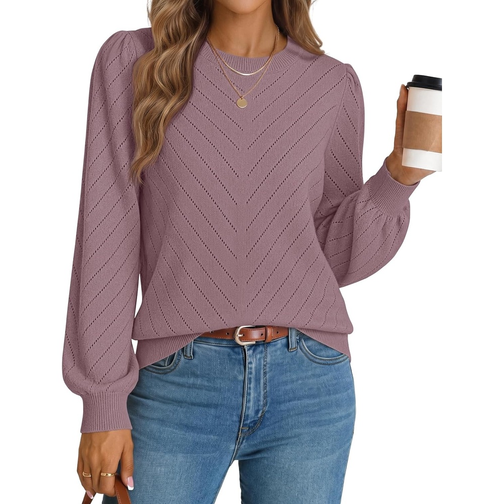 image:imageMEROKEETY Womens Fall Lightweight Sweater Long Sleeve Eyelet Pullover Tops 2026 Ladies Winter Cute Trendy Crewneck Pointelle Balloon Sleeves Ribbed Hem Casual Knit Fashion Outfit ClothesGreypurple