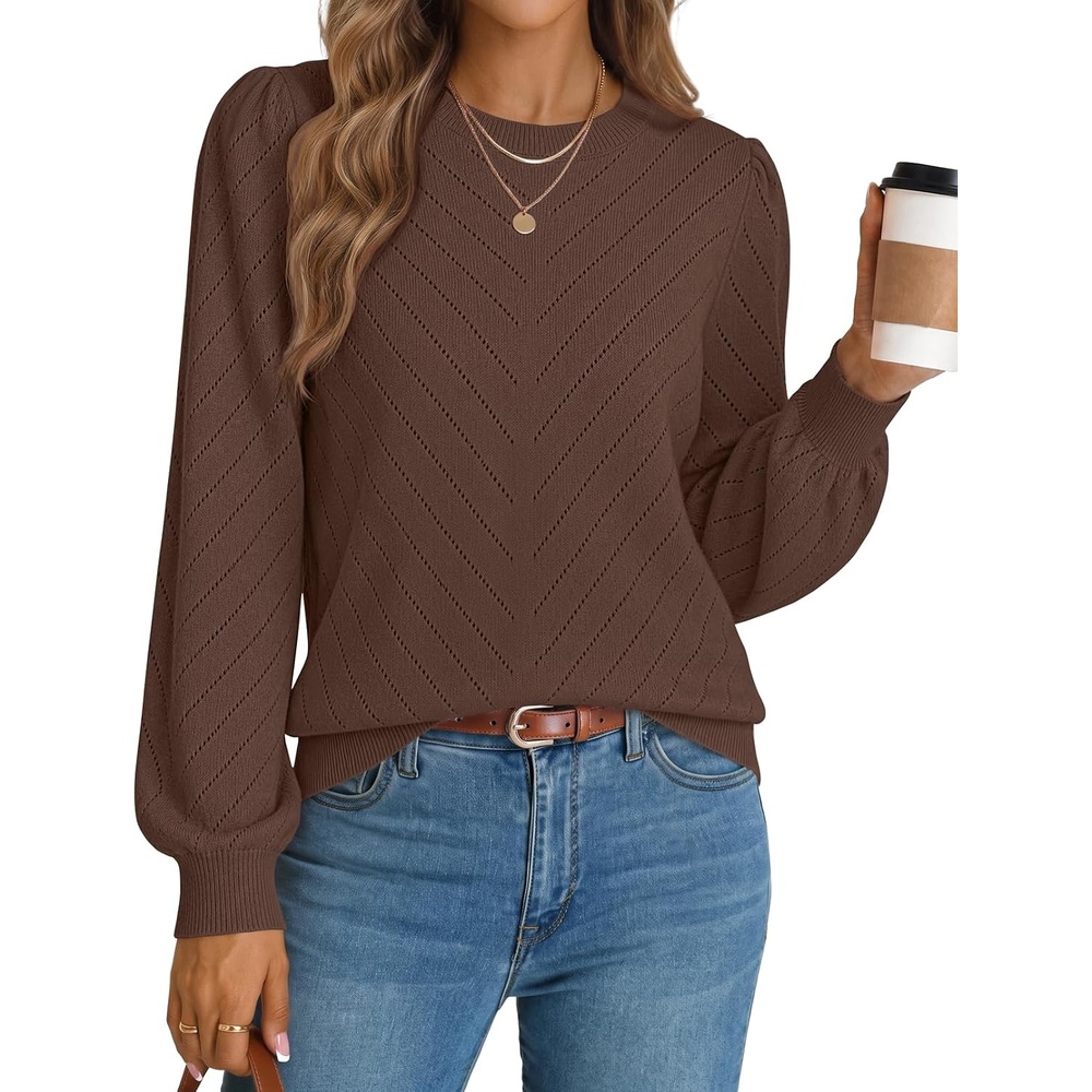 image:imageMEROKEETY Womens Fall Lightweight Sweater Long Sleeve Eyelet Pullover Tops 2026 Ladies Winter Cute Trendy Crewneck Pointelle Balloon Sleeves Ribbed Hem Casual Knit Fashion Outfit ClothesCoffee