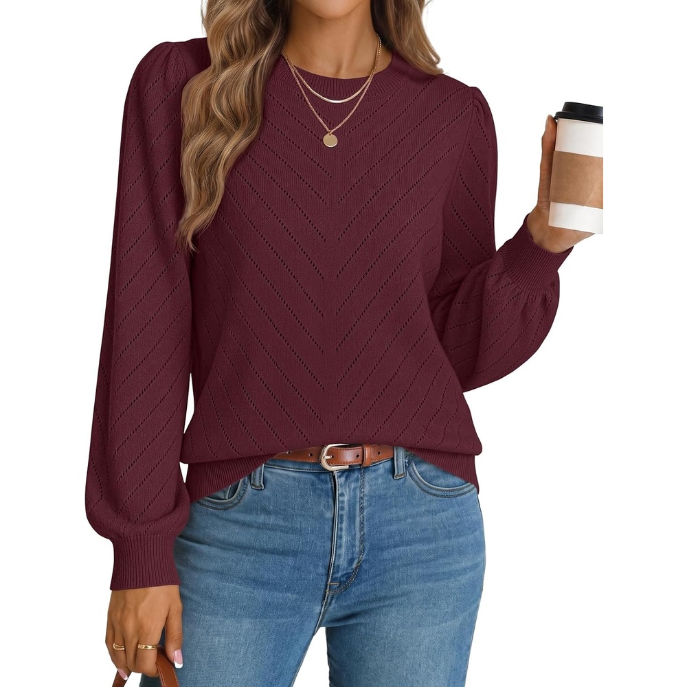 image:imageMEROKEETY Womens Fall Lightweight Sweater Long Sleeve Eyelet Pullover Tops 2026 Ladies Winter Cute Trendy Crewneck Pointelle Balloon Sleeves Ribbed Hem Casual Knit Fashion Outfit ClothesWine