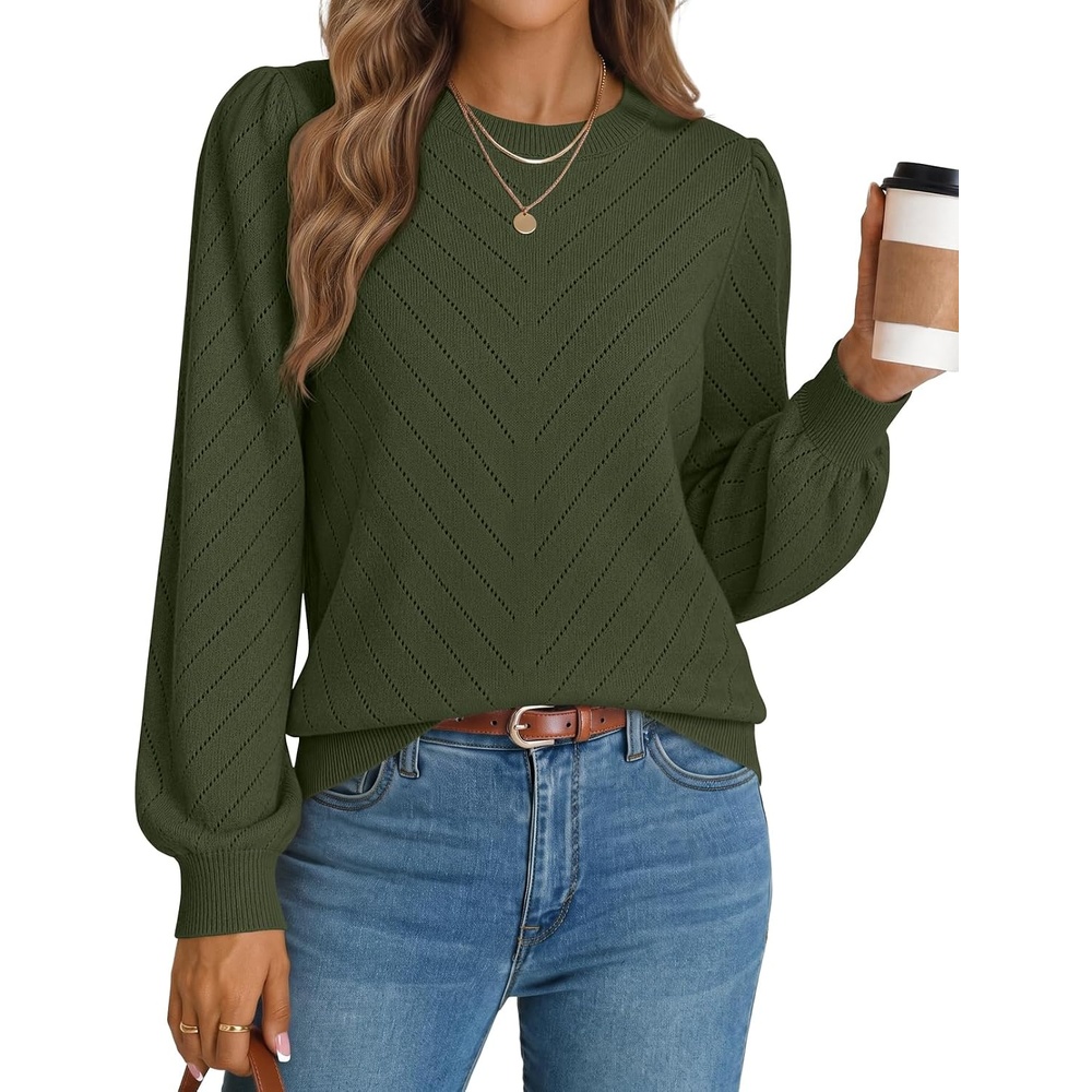image:imageMEROKEETY Womens Fall Lightweight Sweater Long Sleeve Eyelet Pullover Tops 2026 Ladies Winter Cute Trendy Crewneck Pointelle Balloon Sleeves Ribbed Hem Casual Knit Fashion Outfit ClothesArmy