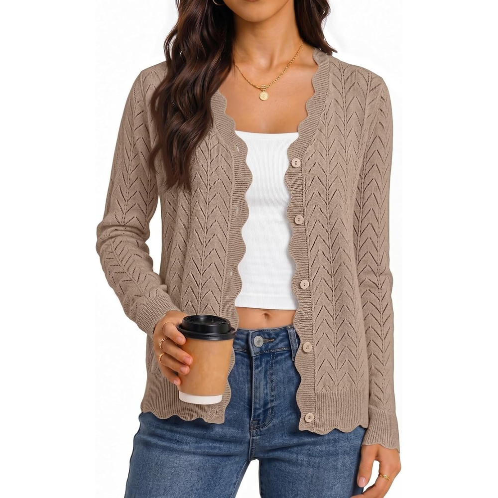 image:imageMEROKEETY Womens Fall Long Sleeve Button Front Cardigan Sweater Open Front Scalloped V Neck Crochet Cardigan Hollow Out Lightweight Dressy Trendy Loose Fit Knit Jumper Sweater TopKhaki