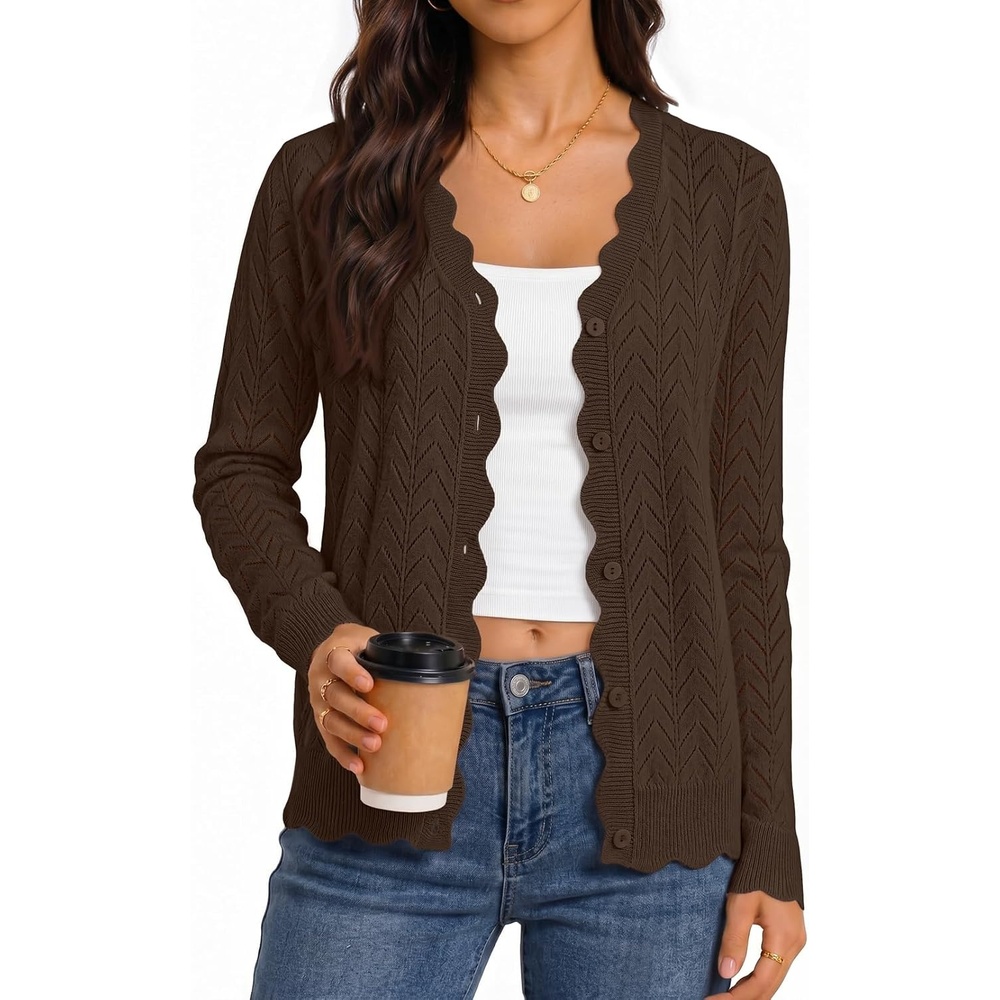 image:imageMEROKEETY Womens Fall Long Sleeve Button Front Cardigan Sweater Open Front Scalloped V Neck Crochet Cardigan Hollow Out Lightweight Dressy Trendy Loose Fit Knit Jumper Sweater TopCoffee
