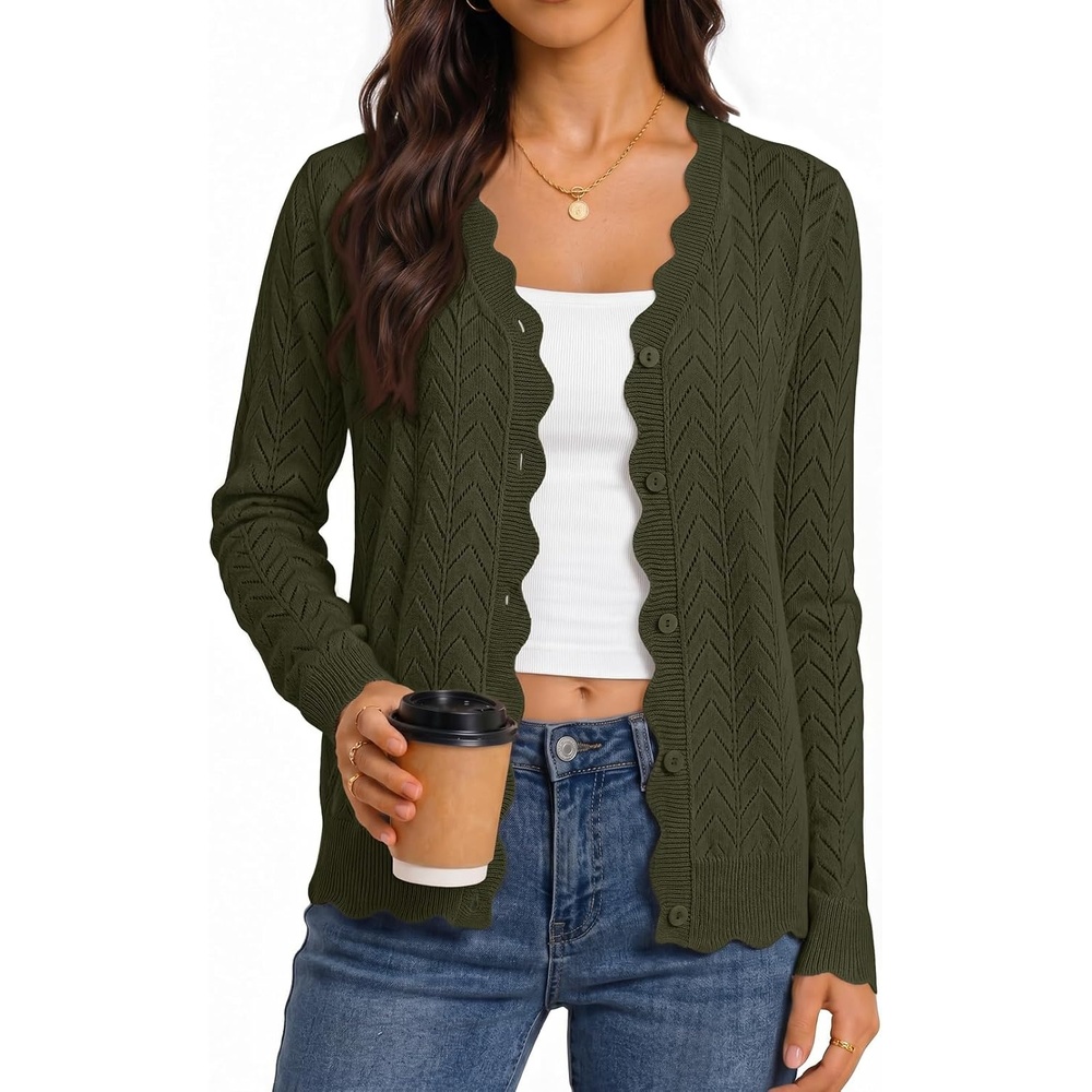 image:imageMEROKEETY Womens Fall Long Sleeve Button Front Cardigan Sweater Open Front Scalloped V Neck Crochet Cardigan Hollow Out Lightweight Dressy Trendy Loose Fit Knit Jumper Sweater TopArmy