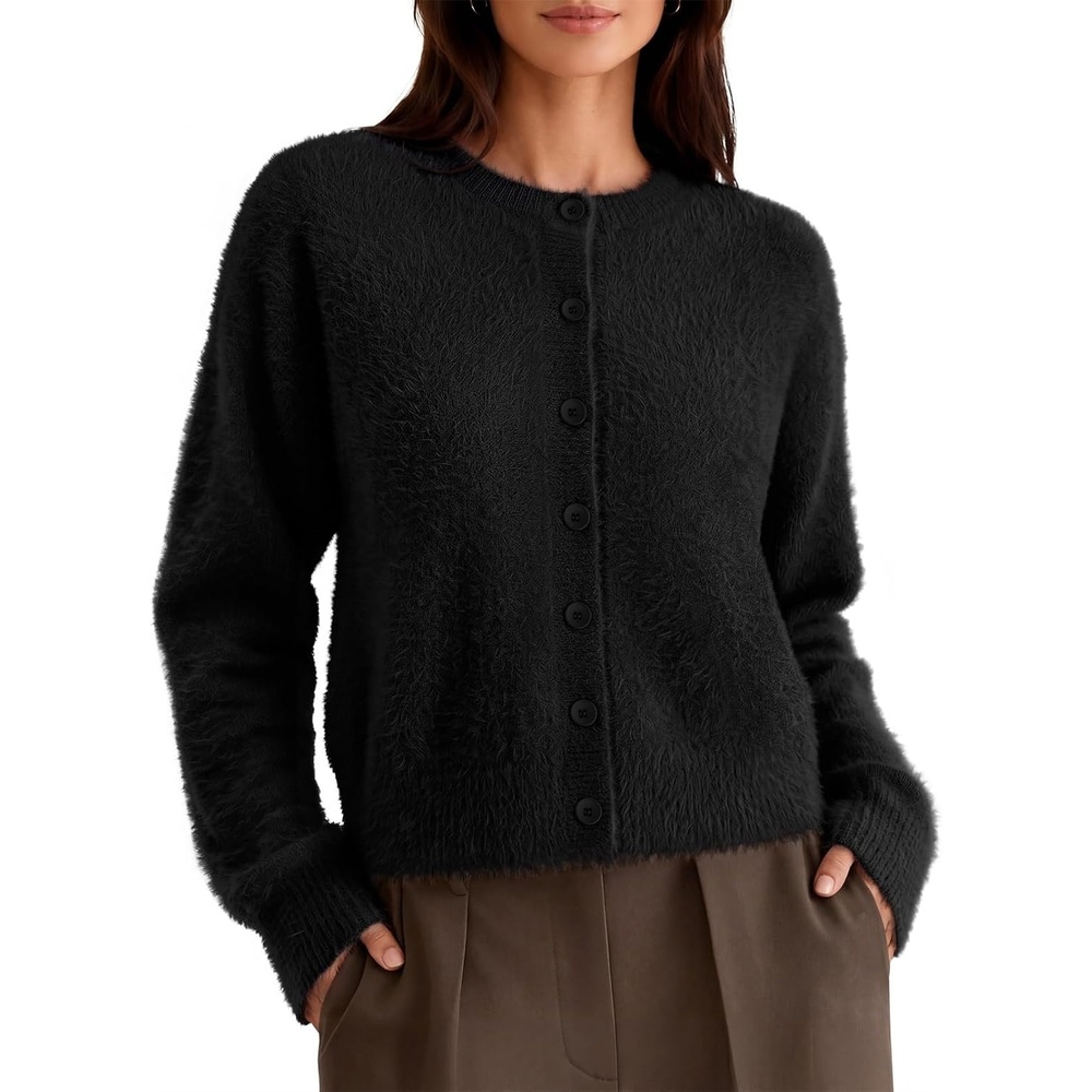 image:imageMEROKEETY Womens Fall Long Sleeve Button Fuzzy Cardigan Sweater Open Front Crew Neck Knit Cozy 2026 Winter Relaxed Fit Drop Shoulder Stretchy and Soft Slightly Cropped Hem TrendyBlack