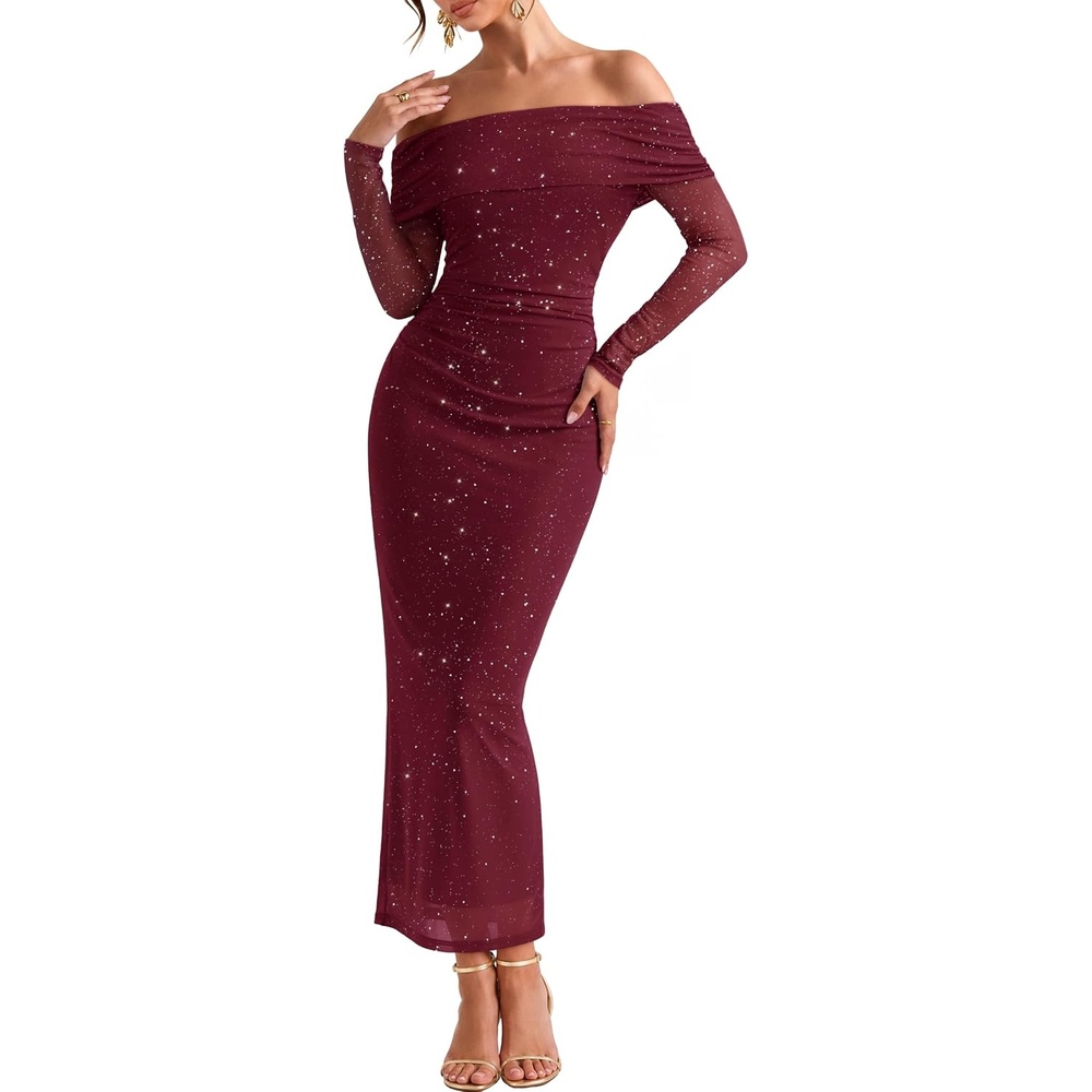 image:imageMEROKEETY Womens Fall Long Sleeve Off Shoulder Glitter Mesh Maxi Dress 2026 Bodycon Sparkly Wedding Guest Formal Cocktail Party Evening Rehearsal Dinner Holiday Sequins Date Night DressesWine