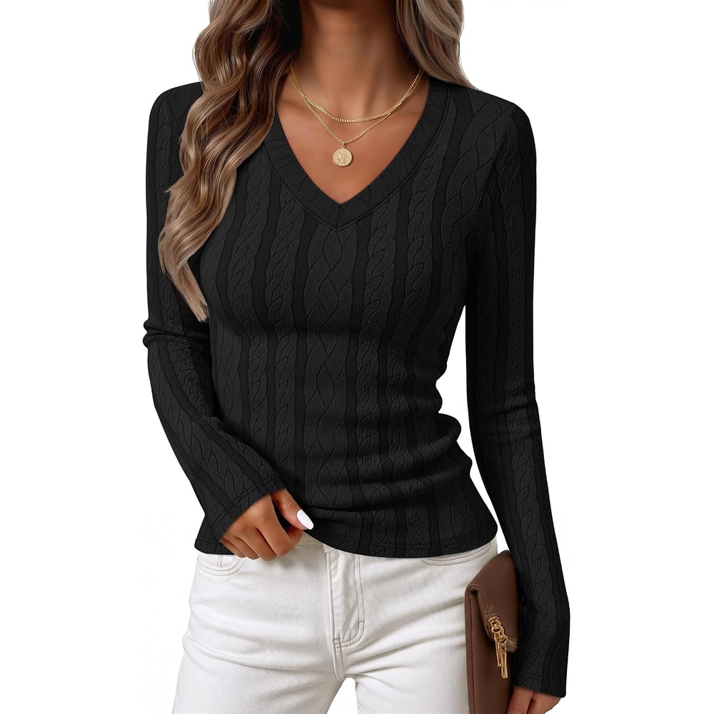 image:imageMEROKEETY Womens Fall Long Sleeve V Neck Top Trendy TShirt Business Casual Textured Cable Pattern Fitted Lightweight Stretchy Dressy Casual Basic Layering Blouse Work Office Shirt Going Out TopBlack
