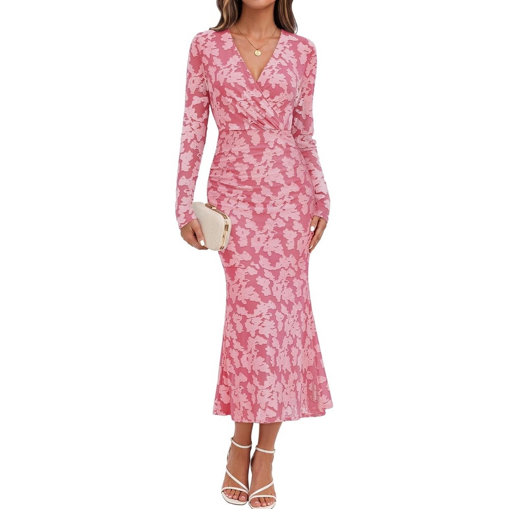 image:imageMEROKEETY Womens Fall Long Sleeve Wrap V Neck Floral Maxi Dress 2026 Snap Button Slim Fit Ruched Waist Bodycon Ruffle Hem Lined Wedding Guest Cocktail Party Formal Winter Long DressesPink