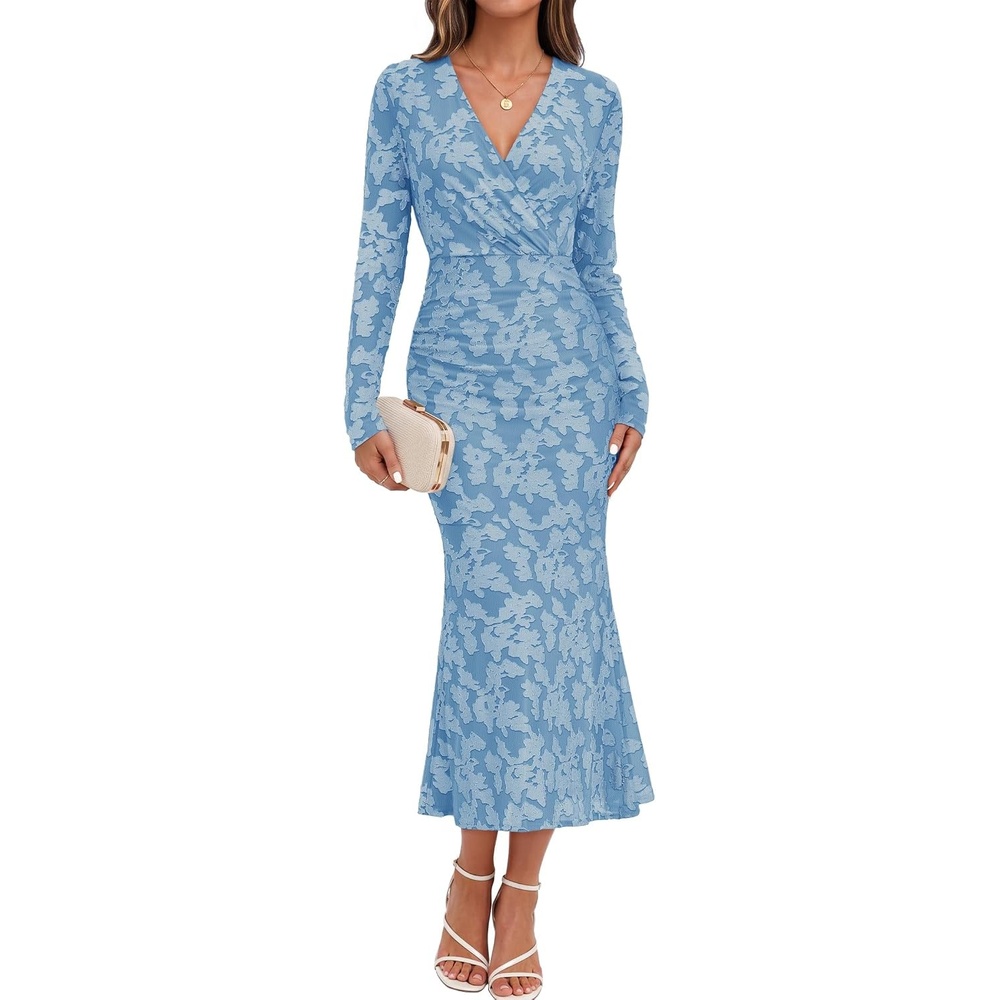 image:imageMEROKEETY Womens Fall Long Sleeve Wrap V Neck Floral Maxi Dress 2026 Snap Button Slim Fit Ruched Waist Bodycon Ruffle Hem Lined Wedding Guest Cocktail Party Formal Winter Long DressesBlue