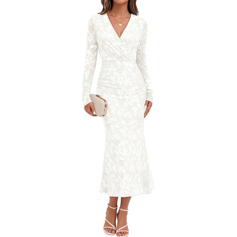 image:imageMEROKEETY Womens Fall Long Sleeve Wrap V Neck Floral Maxi Dress 2026  Snap Button Slim Fit Ruched Waist Bodycon Ruffle Hem Lined Wedding Guest Cocktail Party Formal Winter Long DressesWhite