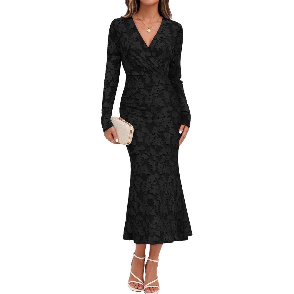 image:imageMEROKEETY Womens Fall Long Sleeve Wrap V Neck Floral Maxi Dress 2026 Snap Button Slim Fit Ruched Waist Bodycon Ruffle Hem Lined Wedding Guest Cocktail Party Formal Winter Long DressesBlack