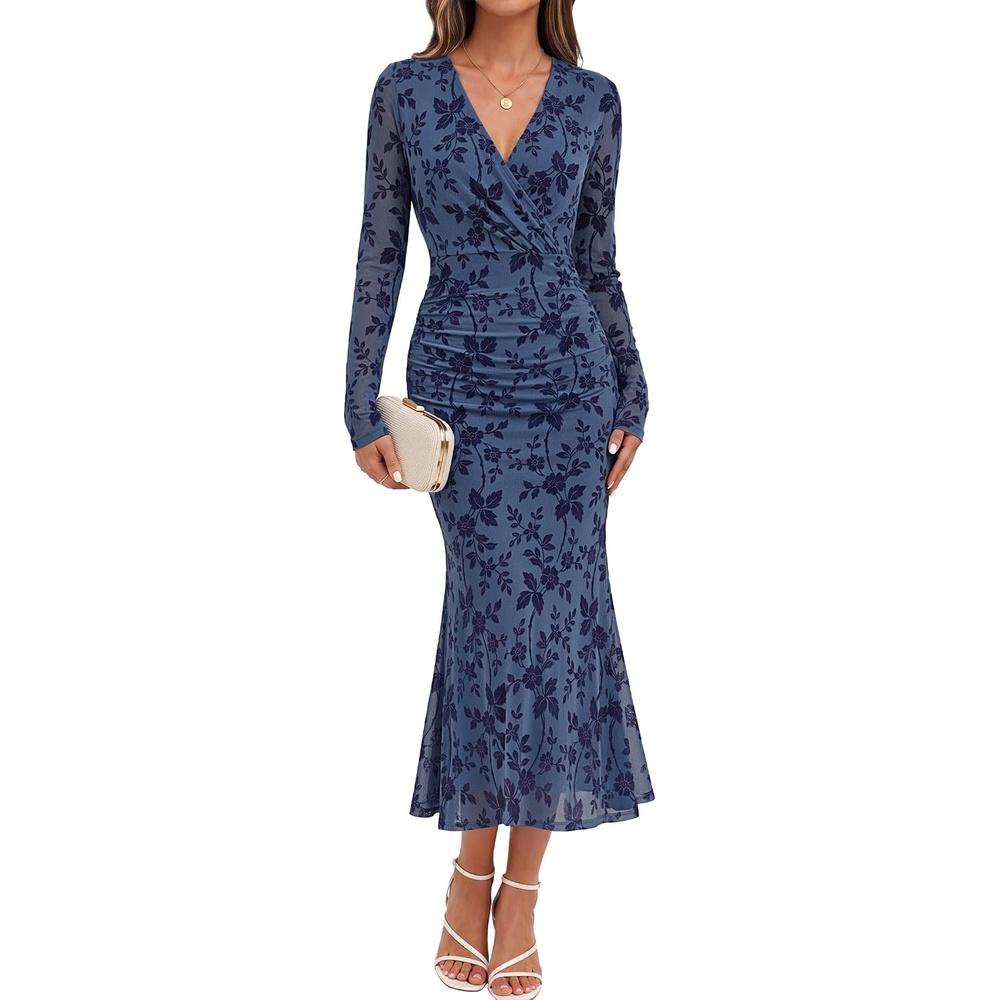 image:imageMEROKEETY Womens Fall Long Sleeve Wrap V Neck Floral Maxi Dress 2026 Snap Button Slim Fit Ruched Waist Bodycon Ruffle Hem Lined Wedding Guest Cocktail Party Formal Winter Long DressesDustyblue