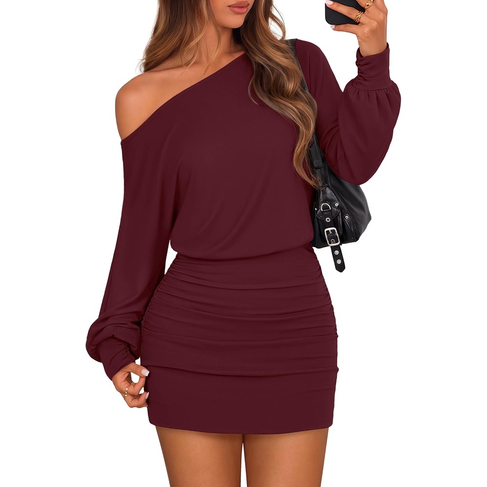 image:imageMEROKEETY Womens Fall Off Shoulder Cocktail Party Mini Dresses Long Sleeve Date Night Going Out Outfits Bodycon Dinner Asymmetrical Ruched Waist Slim Fit Y2K Club Short DressBurgundy