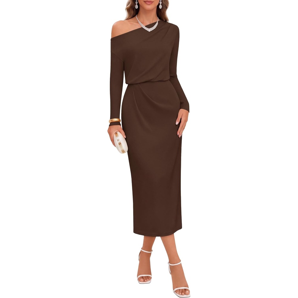 image:imageMEROKEETY Womens Fall Off Shoulder Long Sleeve Wedding Guest Midi Dress  Fitted Ruched Waist Baby Shower Bridesmaid Date Night Modest Elegant Business Casual 2026 Formal Dress Winter OutfitsCoffee