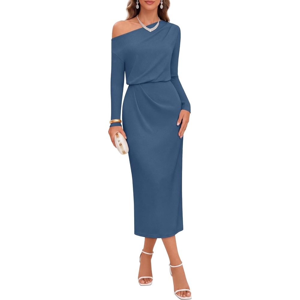 image:imageMEROKEETY Womens Fall Off Shoulder Long Sleeve Wedding Guest Midi Dress  Fitted Ruched Waist Baby Shower Bridesmaid Date Night Modest Elegant Business Casual 2026 Formal Dress Winter OutfitsDustyblue