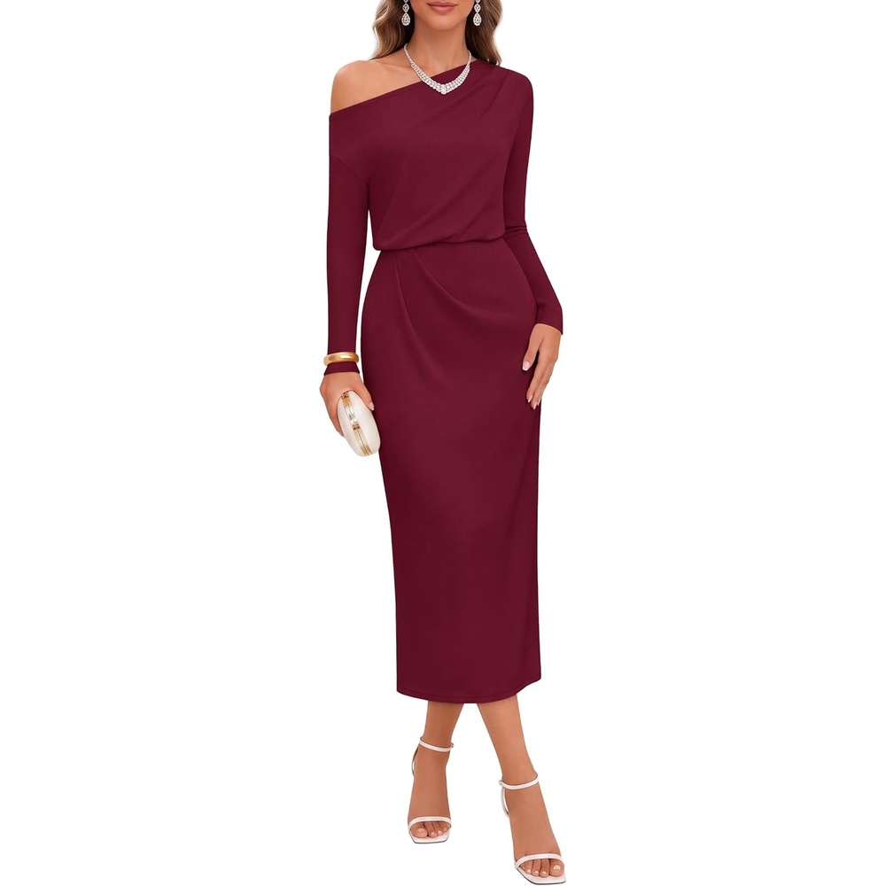 image:imageMEROKEETY Womens Fall Off Shoulder Long Sleeve Wedding Guest Midi Dress Fitted Ruched Waist Baby Shower Bridesmaid Date Night Modest Elegant Business Casual 2026 Formal Dress Winter OutfitsWine