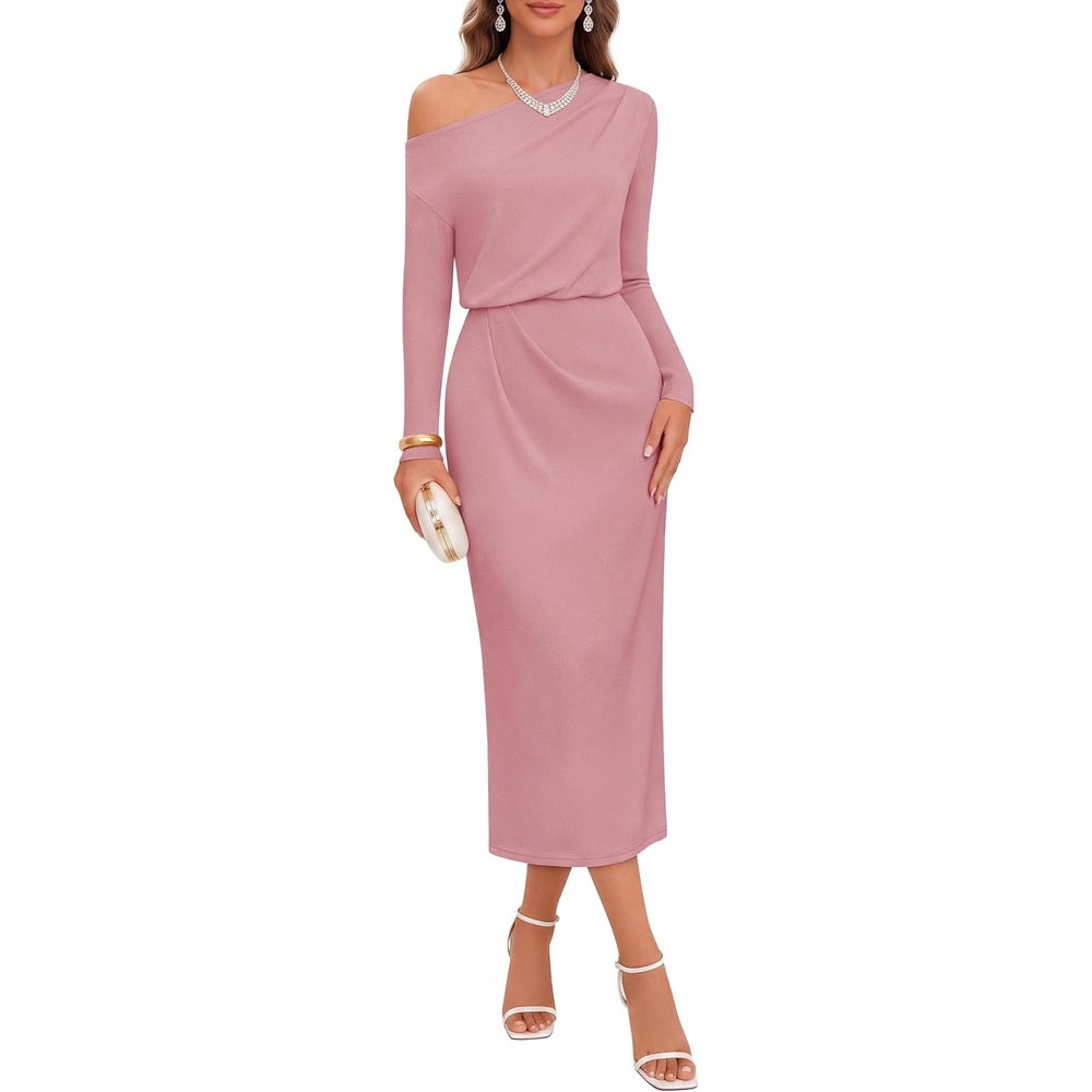 image:imageMEROKEETY Womens Fall Off Shoulder Long Sleeve Wedding Guest Midi Dress  Fitted Ruched Waist Baby Shower Bridesmaid Date Night Modest Elegant Business Casual 2026 Formal Dress Winter OutfitsPink