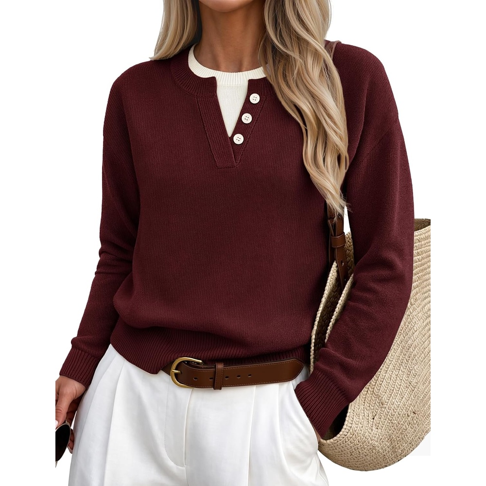 image:imageMEROKEETY Womens Fall Oversized Pullover Sweater Layered Neck Henley Tops Crew Neck Buttoned V Neck 2 in 1 2026 Winter Long Sleeves Color Block Soft Warm Ribbed Hem Stylish Trendy FashionBurgundy