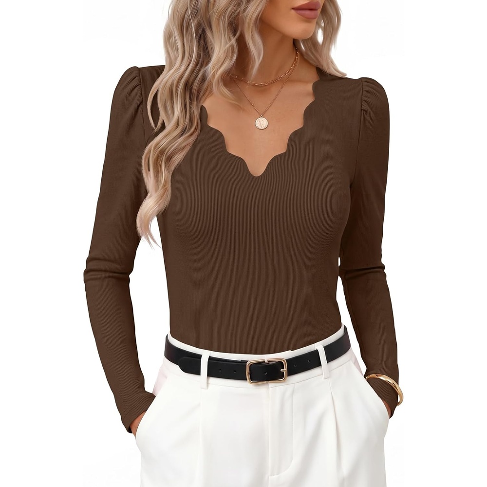 image:imageMEROKEETY Womens Fall Puff Long Sleeve Business Casual Work Tops  Scalloped V Neck Work TShirt Cute Trendy Dressy Casual Ribbed Knit Fitted Blouse 2026 Fall Winter ClothesBrown