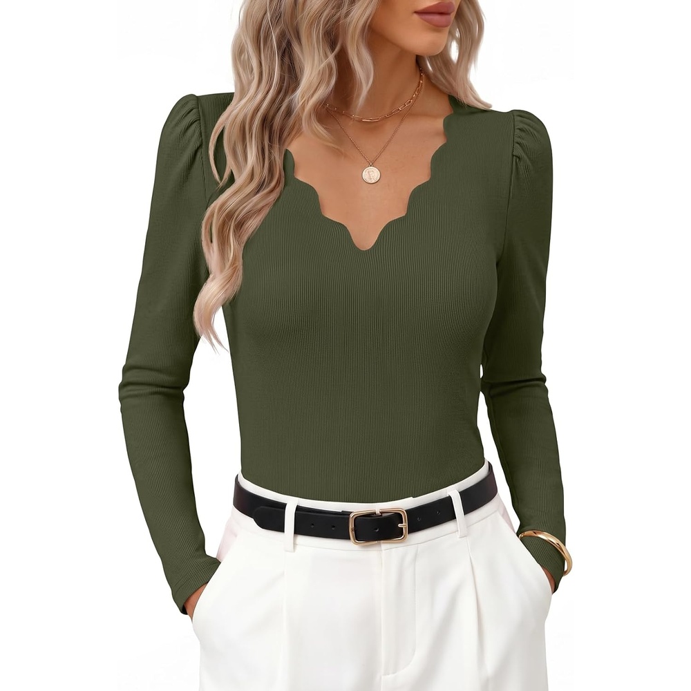 image:imageMEROKEETY Womens Fall Puff Long Sleeve Business Casual Work Tops Scalloped V Neck Work TShirt Cute Trendy Dressy Casual Ribbed Knit Fitted Blouse 2026 Fall Winter ClothesArmy