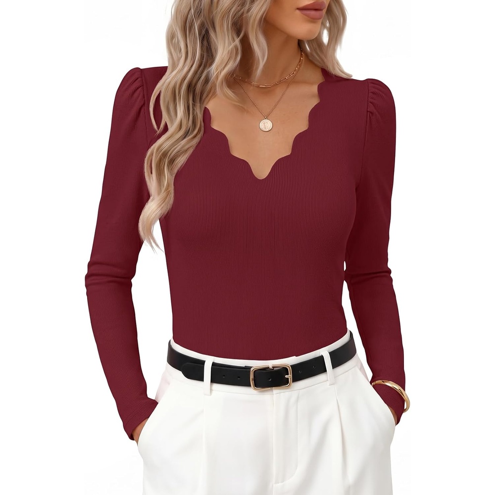 image:imageMEROKEETY Womens Fall Puff Long Sleeve Business Casual Work Tops Scalloped V Neck Work TShirt Cute Trendy Dressy Casual Ribbed Knit Fitted Blouse 2026 Fall Winter ClothesWine