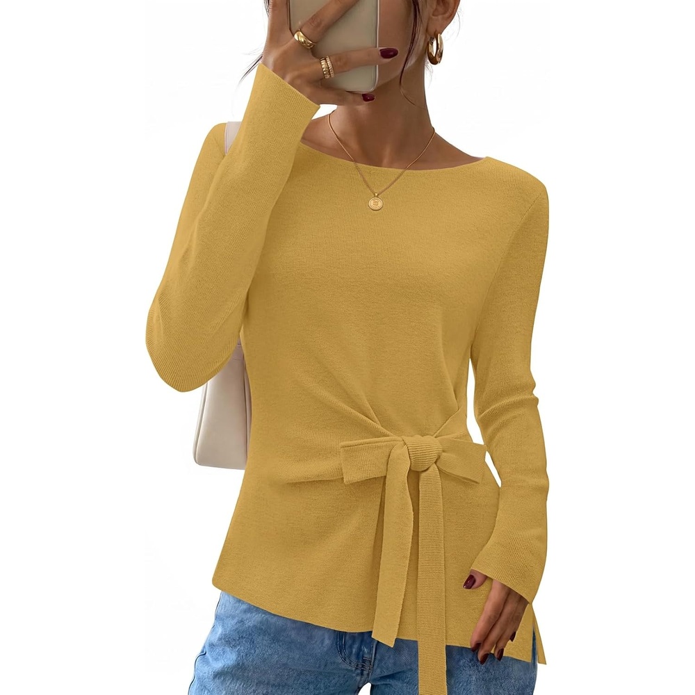 image:imageMEROKEETY Womens Fall Tie Front Ruched Long Sleeve Sweaters Lightweight Pullover Boat Neck Ribbed Knit Side Slit Trendy Asymmetrical Knot Tops Business Casual Teacher Outfits 2026Turmeric
