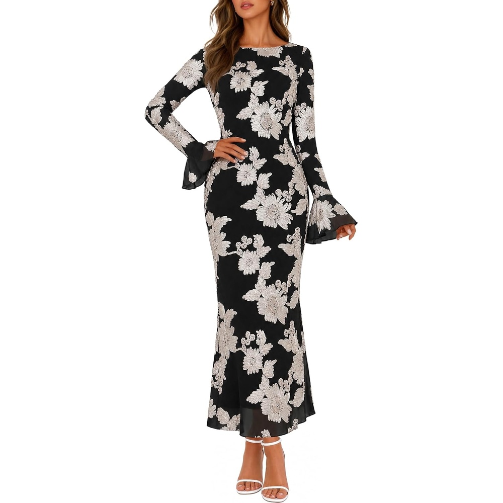 image:imageMEROKEETY Womens Floral Wedding Guest Cocktail Maxi Dress Ruffled Bell Long Sleeve 2026 Fall Mesh Dress Crew Neck Lined Bodycon Prom Homecoming Clothes Formal Elegant OutfitsBlackwhite
