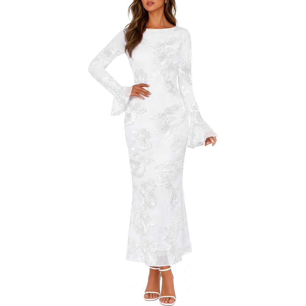 image:imageMEROKEETY Womens Floral Wedding Guest Cocktail Maxi Dress Ruffled Bell Long Sleeve 2026 Fall Mesh Dress Crew Neck Lined Bodycon Prom Homecoming Clothes Formal Elegant OutfitsWhite