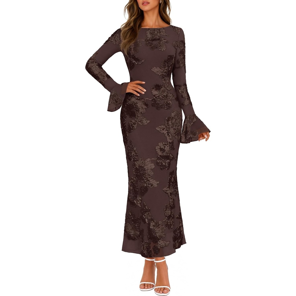 image:imageMEROKEETY Womens Floral Wedding Guest Cocktail Maxi Dress Ruffled Bell Long Sleeve 2026 Fall Mesh Dress Crew Neck Lined Bodycon Prom Homecoming Clothes Formal Elegant OutfitsCoffee