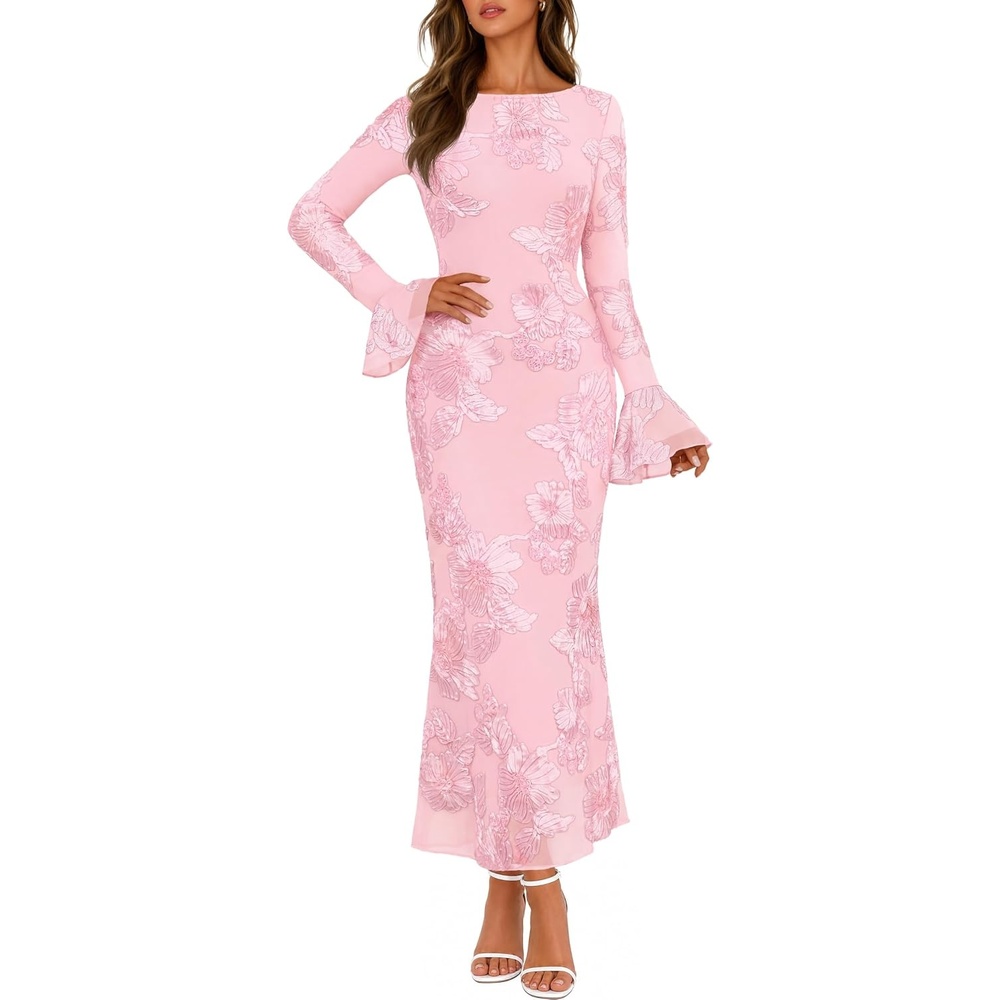 image:imageMEROKEETY Womens Floral Wedding Guest Cocktail Maxi Dress Ruffled Bell Long Sleeve 2026 Fall Mesh Dress Crew Neck Lined Bodycon Prom Homecoming Clothes Formal Elegant OutfitsPink