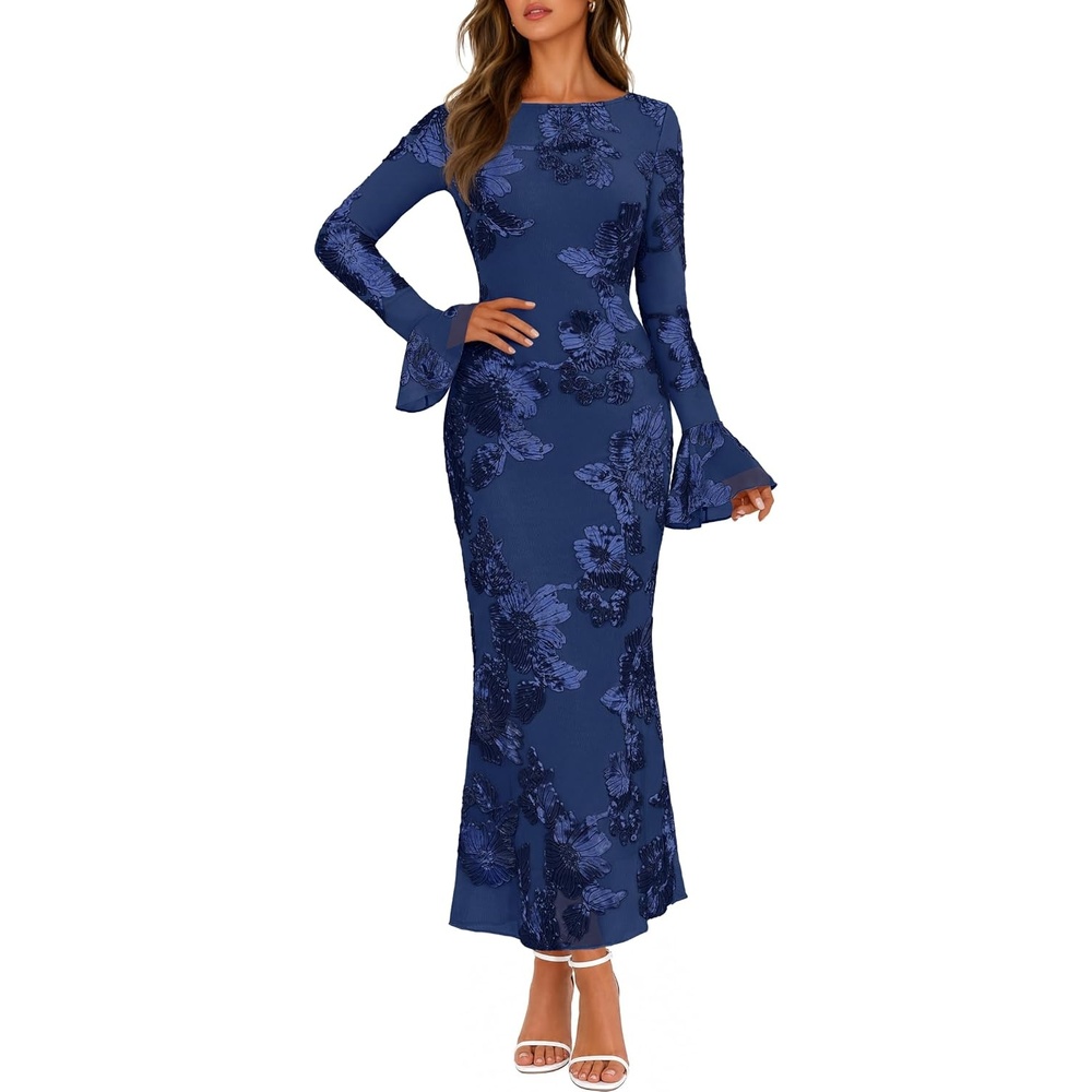 image:imageMEROKEETY Womens Floral Wedding Guest Cocktail Maxi Dress Ruffled Bell Long Sleeve 2026 Fall Mesh Dress Crew Neck Lined Bodycon Prom Homecoming Clothes Formal Elegant OutfitsNavy