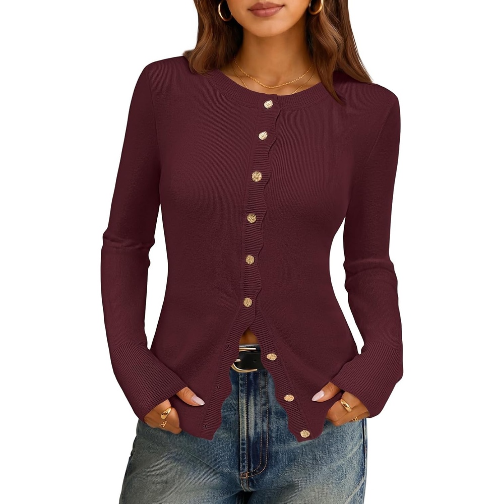 image:imageMEROKEETY Womens Long Sleeve Fall Cardigan Sweaters Knit Tops 2026 Lightweight Crew Neck Button Down Open Front Wavy Placket Slim Fit Ribbed Soft Sweater Fall Fashion Winter OutfitsWine