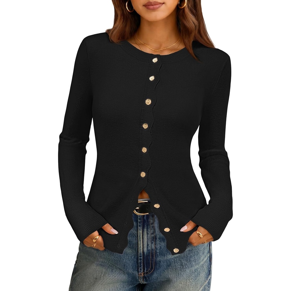 image:imageMEROKEETY Womens Long Sleeve Fall Cardigan Sweaters Knit Tops 2026 Lightweight Crew Neck Button Down Open Front Wavy Placket Slim Fit Ribbed Soft Sweater Fall Fashion Winter OutfitsBlack