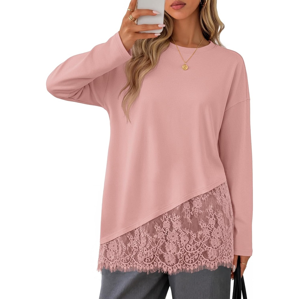 image:imageMEROKEETY Womens Long Sleeve Tops Fall 2026 Lace Patchwork Casual Shirts Elegant Asymmetrical Hem Classic Crew Neck Ribbed Trim Cotton Trendy Fashion Loose Fit Going Out Date Night BlousePink