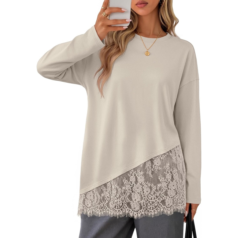 image:imageMEROKEETY Womens Long Sleeve Tops Fall 2026 Lace Patchwork Casual Shirts Elegant Asymmetrical Hem Classic Crew Neck Ribbed Trim Cotton Trendy Fashion Loose Fit Going Out Date Night BlouseSand