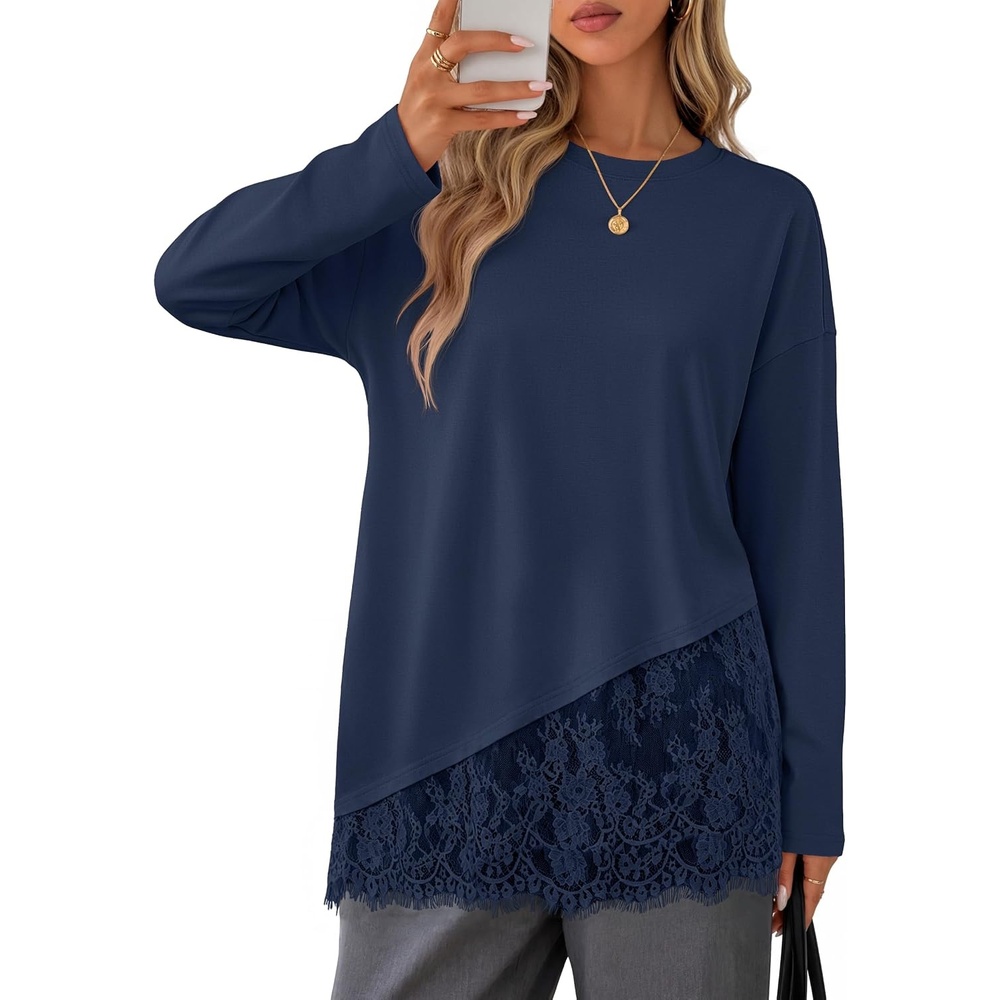 image:imageMEROKEETY Womens Long Sleeve Tops Fall 2026 Lace Patchwork Casual Shirts Elegant Asymmetrical Hem Classic Crew Neck Ribbed Trim Cotton Trendy Fashion Loose Fit Going Out Date Night BlouseNavy