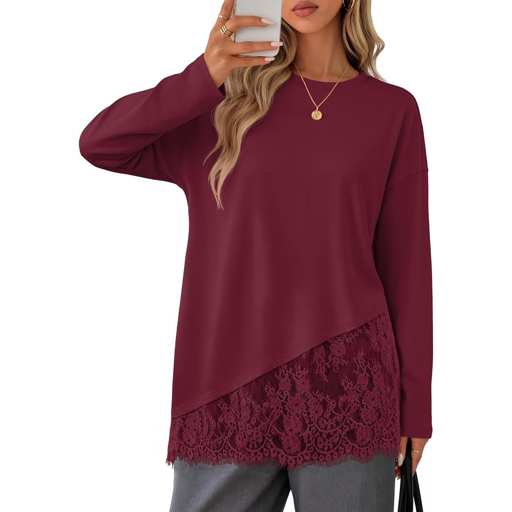 image:imageMEROKEETY Womens Long Sleeve Tops Fall 2026 Lace Patchwork Casual Shirts Elegant Asymmetrical Hem Classic Crew Neck Ribbed Trim Cotton Trendy Fashion Loose Fit Going Out Date Night BlouseBurgundy