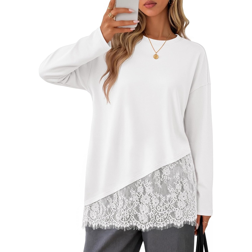 image:imageMEROKEETY Womens Long Sleeve Tops Fall 2026 Lace Patchwork Casual Shirts Elegant Asymmetrical Hem Classic Crew Neck Ribbed Trim Cotton Trendy Fashion Loose Fit Going Out Date Night BlouseWhite