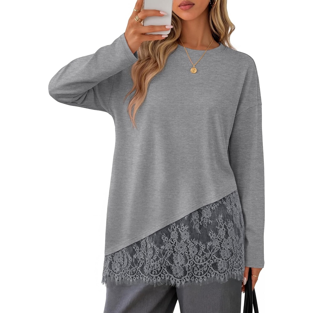 image:imageMEROKEETY Womens Long Sleeve Tops Fall 2026 Lace Patchwork Casual Shirts Elegant Asymmetrical Hem Classic Crew Neck Ribbed Trim Cotton Trendy Fashion Loose Fit Going Out Date Night BlouseGrey