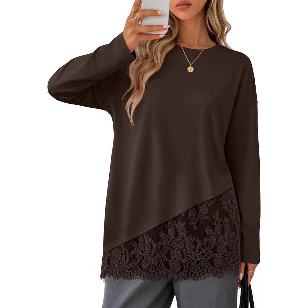 image:imageMEROKEETY Womens Long Sleeve Tops Fall 2026 Lace Patchwork Casual Shirts Elegant Asymmetrical Hem Classic Crew Neck Ribbed Trim Cotton Trendy Fashion Loose Fit Going Out Date Night BlouseCoffee
