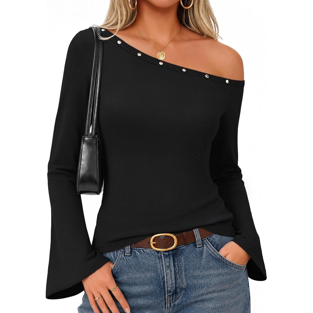 image:imageMEROKEETY Womens Off Shoulder Bell Long Sleeve Tops Fall Going Out Shirts 2026 One Shoulder Asymmetrical Top Metal Rivets Fitted TShirt Date Night Streetwear Trendy Outfits Y2k ClothesBlack