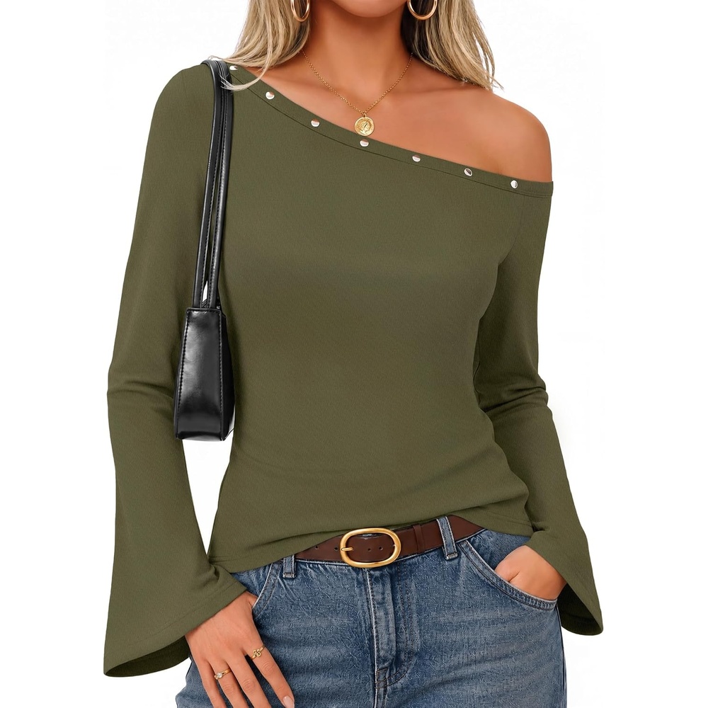 image:imageMEROKEETY Womens Off Shoulder Bell Long Sleeve Tops Fall Going Out Shirts 2026 One Shoulder Asymmetrical Top Metal Rivets Fitted TShirt Date Night Streetwear Trendy Outfits Y2k ClothesArmygreen