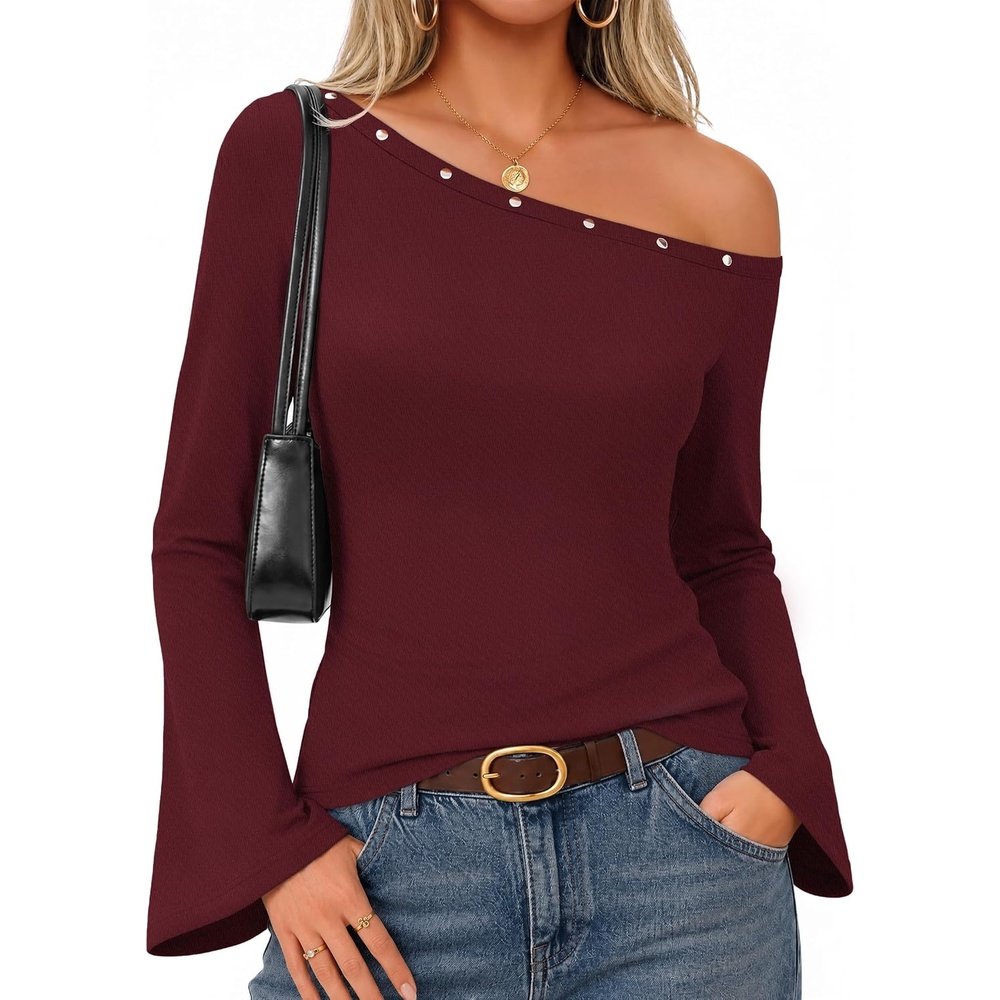 image:imageMEROKEETY Womens Off Shoulder Bell Long Sleeve Tops Fall Going Out Shirts 2026 One Shoulder Asymmetrical Top Metal Rivets Fitted TShirt Date Night Streetwear Trendy Outfits Y2k ClothesWine