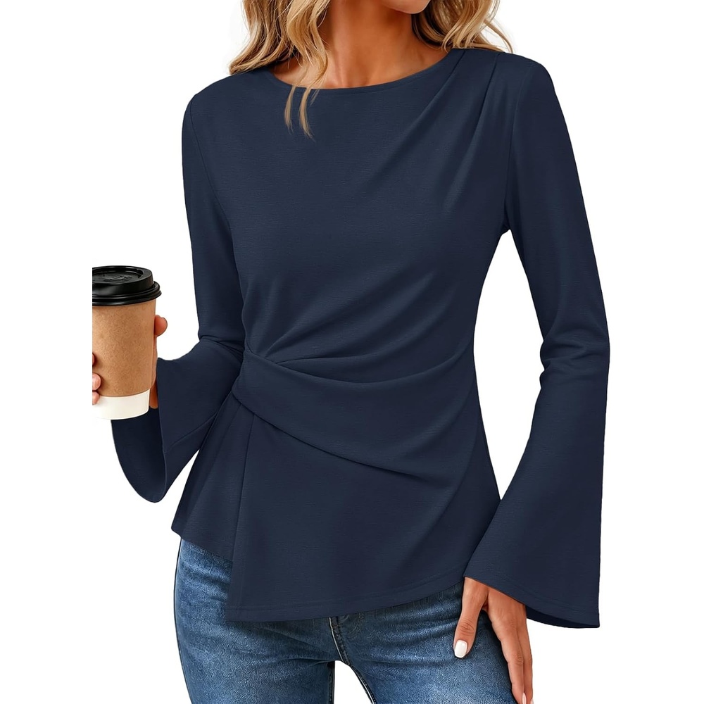 image:imageMEROKEETY Womens Peplum Tops Long Sleeve Fall Dressy Business Casual Blouse Elegant Trendy Shirts Work Office Outfit Ruched Waist Crew Neckline Slim Fit Flared Sleeves 2026 Fall Fashion ClothesNavy