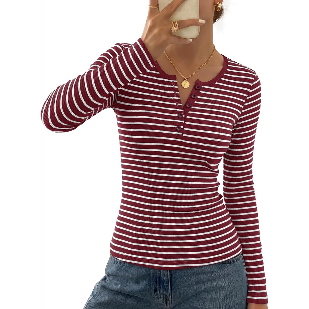 image:imageMEROKEETY Womens Striped Long Sleeve Shirts Fall Trendy Henley Tops Ribbed Knit Slim Fit Lightweight Color Block Work TShirts Cozy Going Out Top Business Casual Outfits Basic Tees 2026Stripered