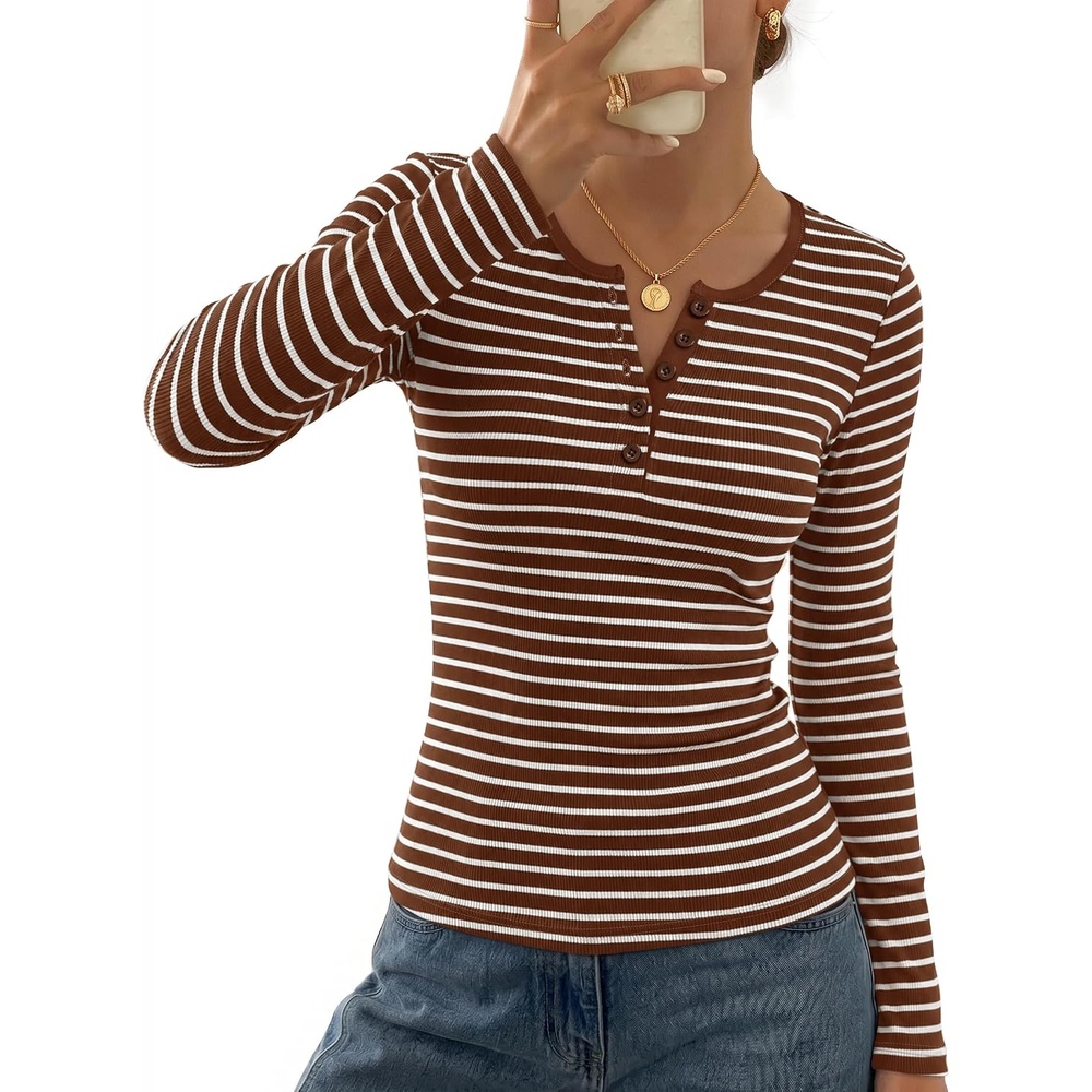 image:imageMEROKEETY Womens Striped Long Sleeve Shirts Fall Trendy Henley Tops  Ribbed Knit Slim Fit Lightweight Color Block Work TShirts Cozy Going Out Top Business Casual Outfits Basic Tees 2026Stripebrown