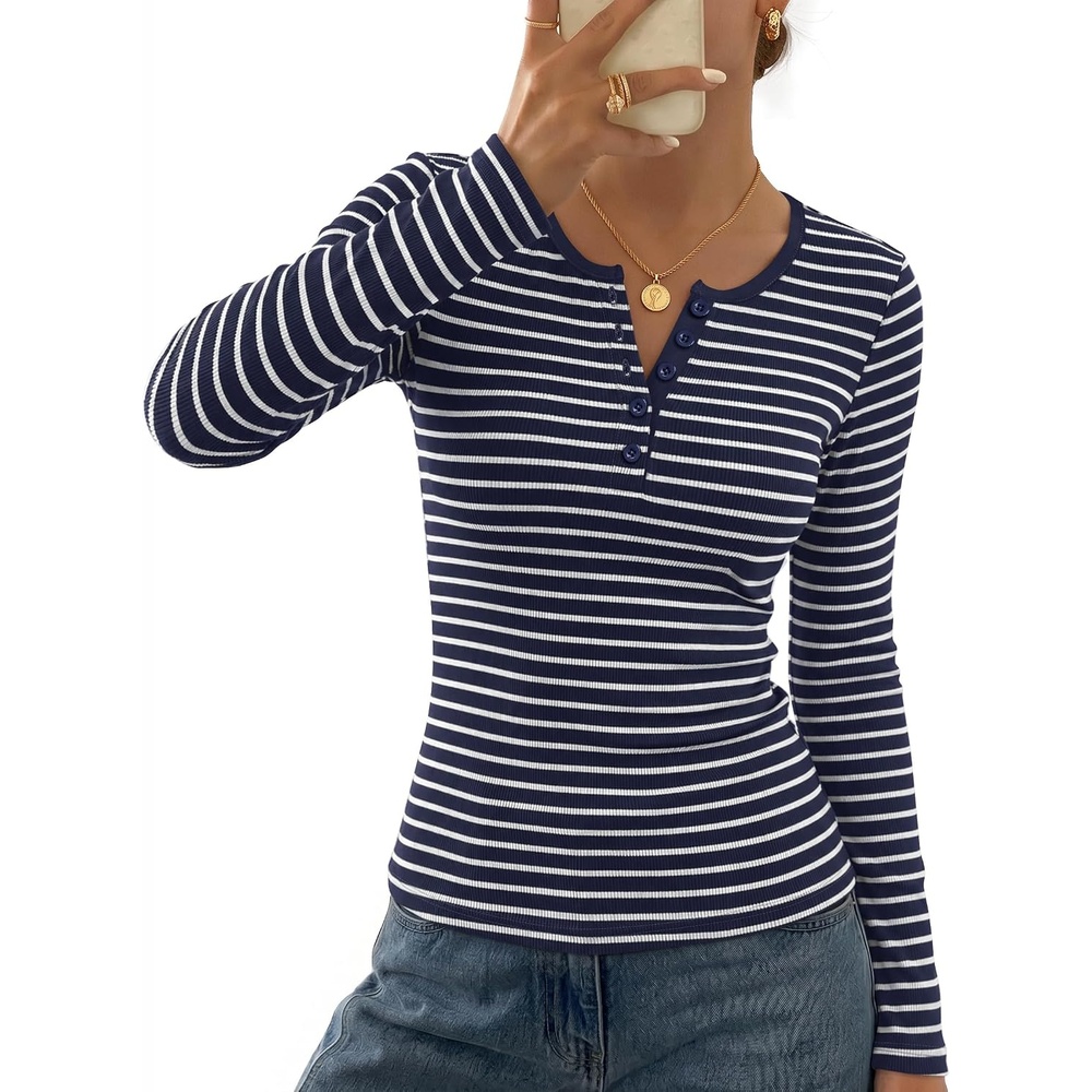image:imageMEROKEETY Womens Striped Long Sleeve Shirts Fall Trendy Henley Tops Ribbed Knit Slim Fit Lightweight Color Block Work TShirts Cozy Going Out Top Business Casual Outfits Basic Tees 2026Stripeblue